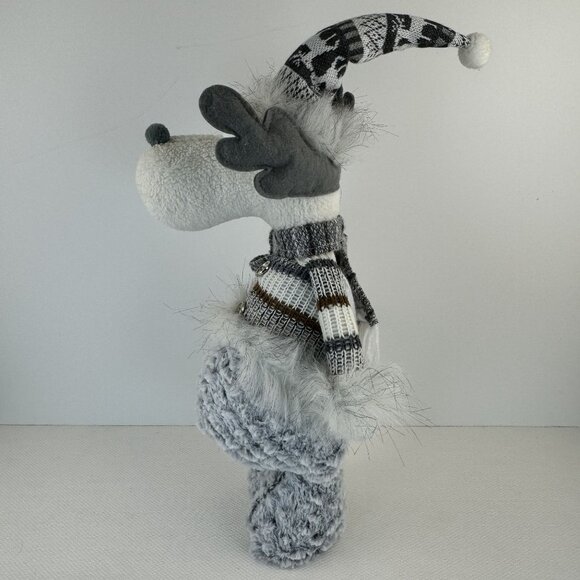 Handmade Gray Winter Moose Plush Decor Posable Hat Sweater Scarf Knit Hat 20" - Picture 5 of 11
